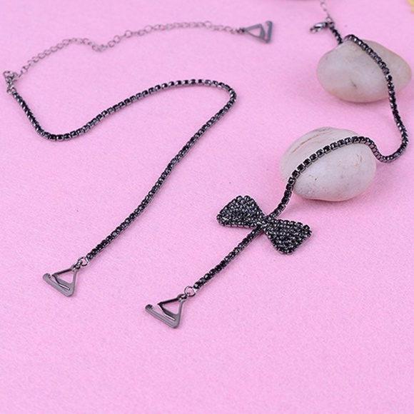 Rhinestone Bra Strap, Adjustable Size Black Bow - Picture 2 of 2